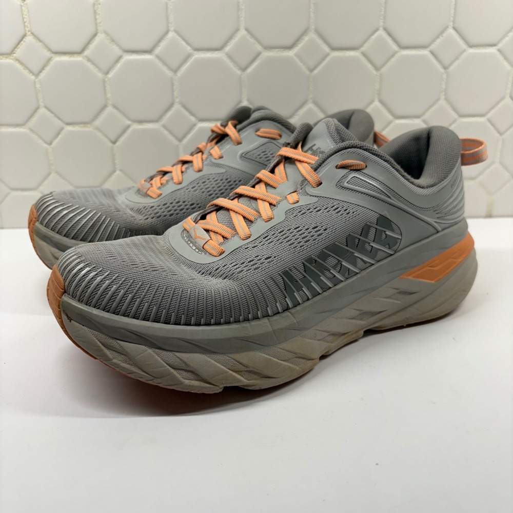 Hoka One One Bondi 7 Running Shoes Women 9 Grey Orange Cushioned 1110519 HMSH
